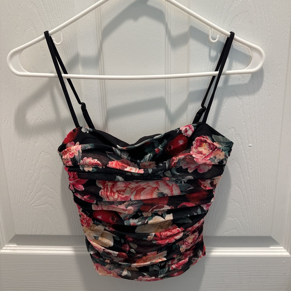 Express Black Floral Ruched Cropped Top with Multicolor Floral Design